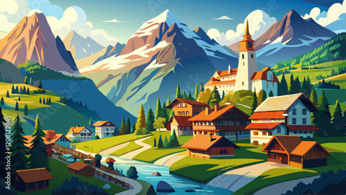 Majestic view of the splendid alpine town of Lauterbrunnen. Swiss alps, Switzerland, Europe.