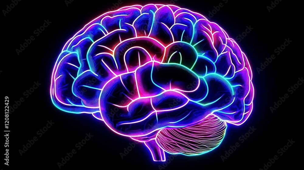 Obraz premium Neon brain creative neural on black background. A vibrant, neon-colored illustration of a brain, showcasing intricate details and contours against a black background.