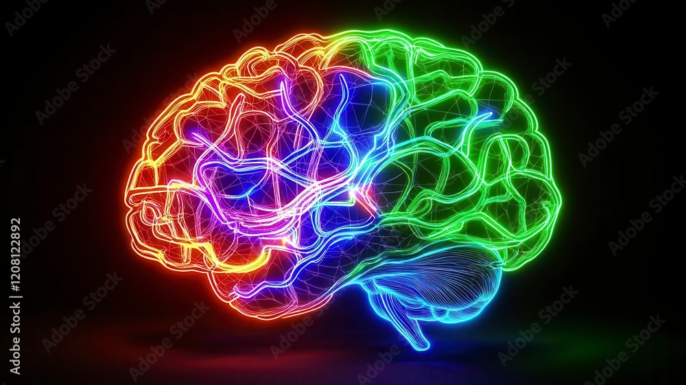 Neon brain creative neural on black background. A vibrant, neon depiction of a brain, showcasing colorful neural pathways against a dark background, symbolizing creativity and cognitive functions. Neon brain creative neural on black background. A vibrant, neon depiction of a brain, showcasing colorful neural pathways against a dark background, symbolizing creativity and cognitive functions.