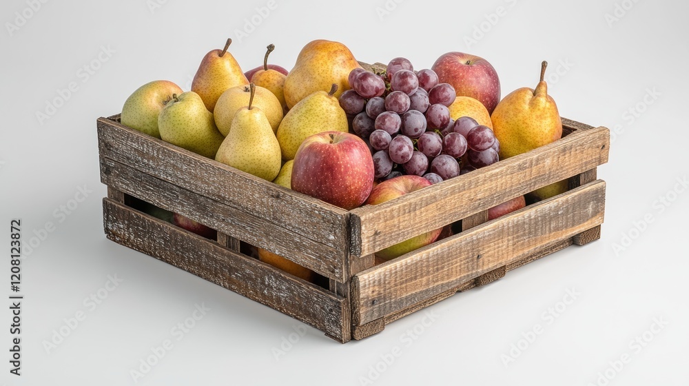Fresh Fruit in Wooden Box with Pears, Apples and Grapes Display Fresh Fruit in Wooden Box with Pears, Apples and Grapes Display