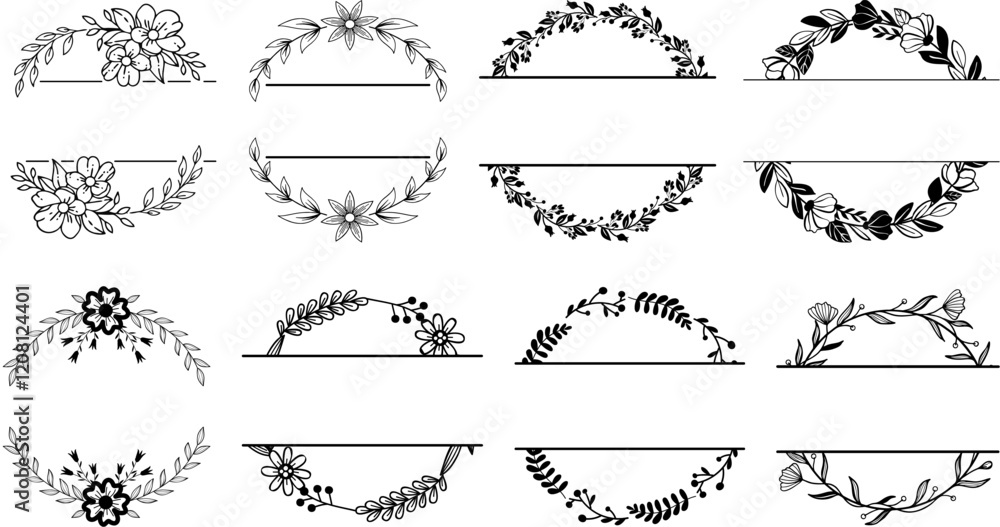 Fototapeta premium Set of Floral frame with decorative flowers, leaves, and line accents for invitations, cards, and creative projects