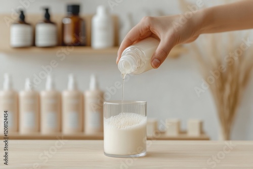 Zero-Waste Aesthetic Hand Pouring Natural Liquid Soap into Glass at Refill Station - Eco-Friendly Retail Design and Sustainable Business Innovation photo