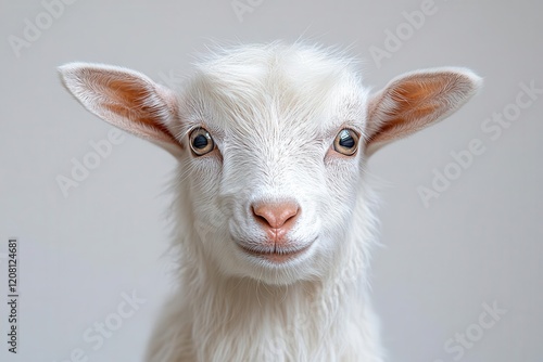 charming closeup portrait of a young white goat with expressive eyes and fluffy beard against ethereal white background studio lighting highkey photography photo