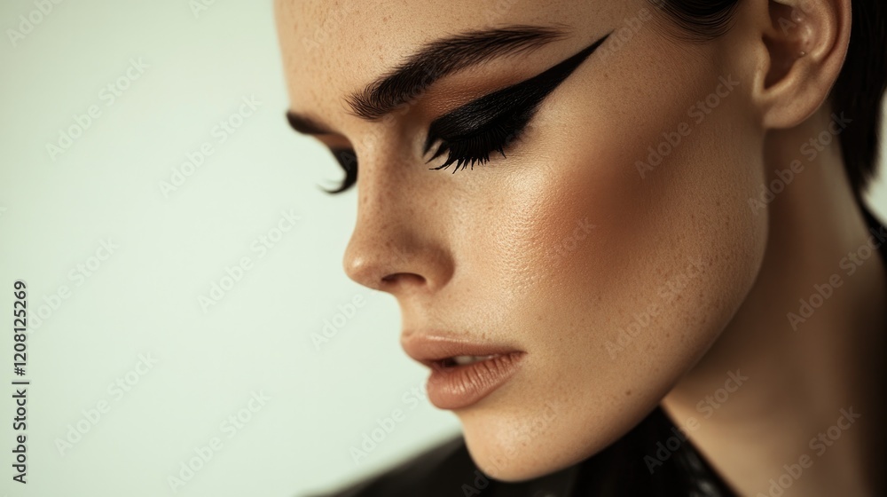 Naklejka premium close-up of confident androgynous person with bold eyeliner and slicked-back hair