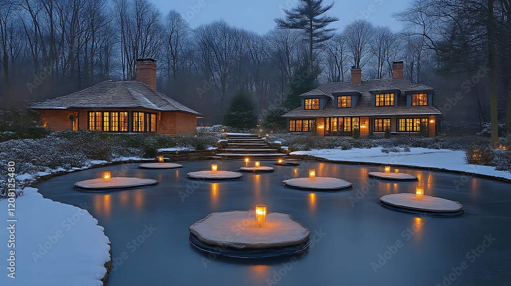 Fototapeta premium Illuminated Cottages Beside A Winter Pond