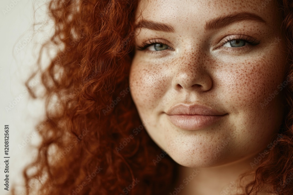 close-up of plus-size model with freckles and natural curly hair wearing minimal makeup close-up of plus-size model with freckles and natural curly hair wearing minimal makeup