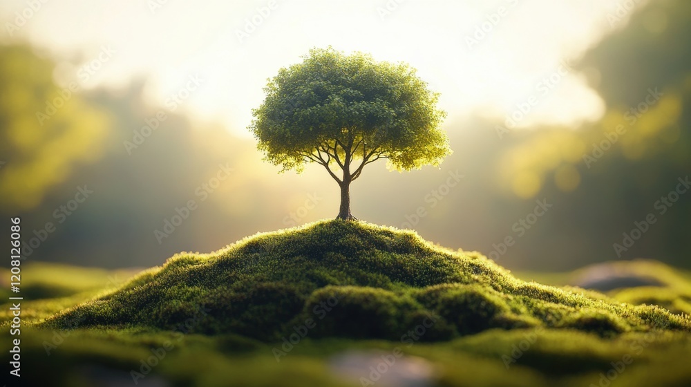 Serene Isolated Tree on Lush Green Hill in Soft Morning Light Serene Isolated Tree on Lush Green Hill in Soft Morning Light