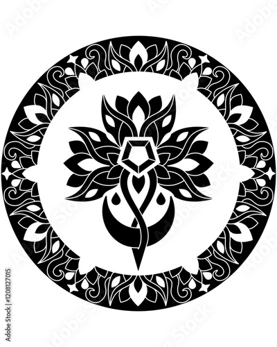 Plant decorative element with crystal and crescent moon in round frame - vector silhouette for stencil. Magic of plants and crystals, image of leaves and flowers for laser cutting