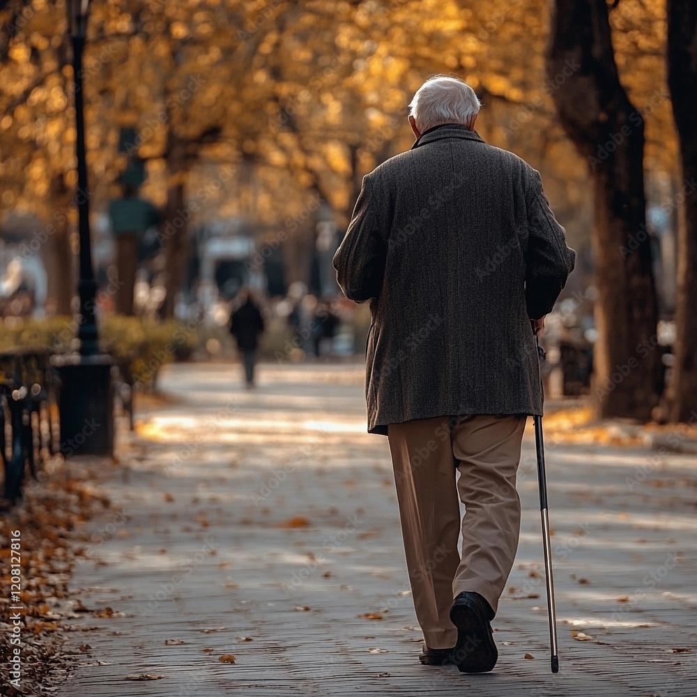 Obraz premium Senior man strolls through autumn park filled with fallen leaves and golden trees in the late afternoon light