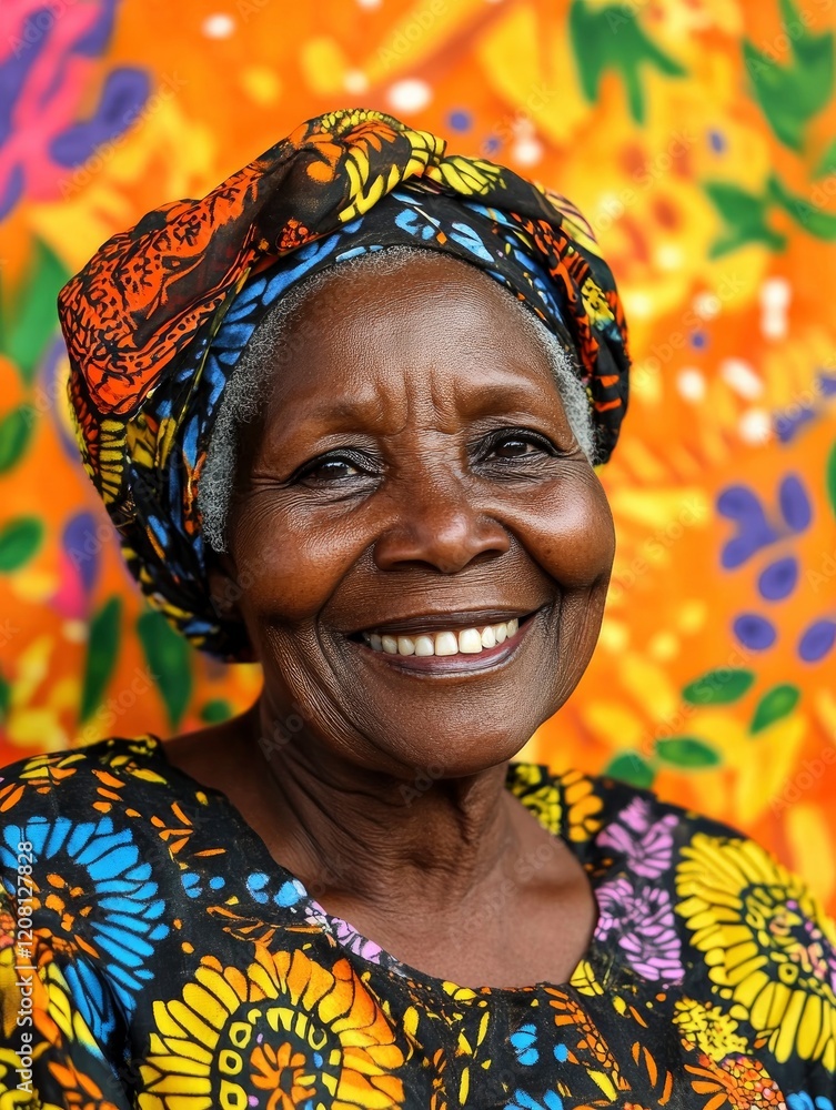 Fototapeta premium A portrait of an elderly woman with a joyful smile, wearing traditional cultural clothing, vibrant and colorful background