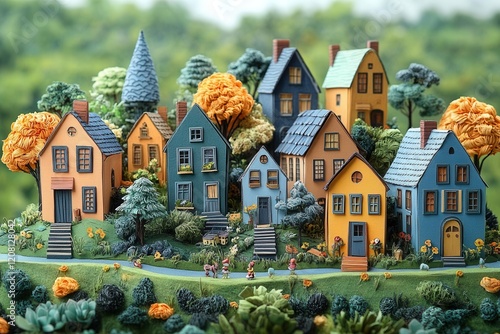 charming miniature village crafted from paper featuring tiny houses vibrant trees and playful inhabitants creating a whimsical detailed landscape full of life and imagination photo