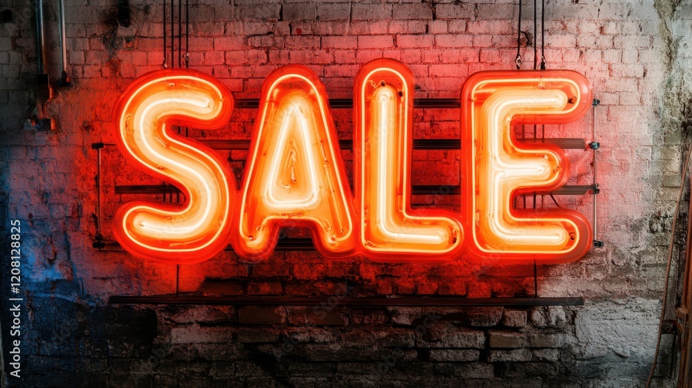 Bright neon sale sign illuminating a rustic brick wall in an urban shopping area during the evening hours