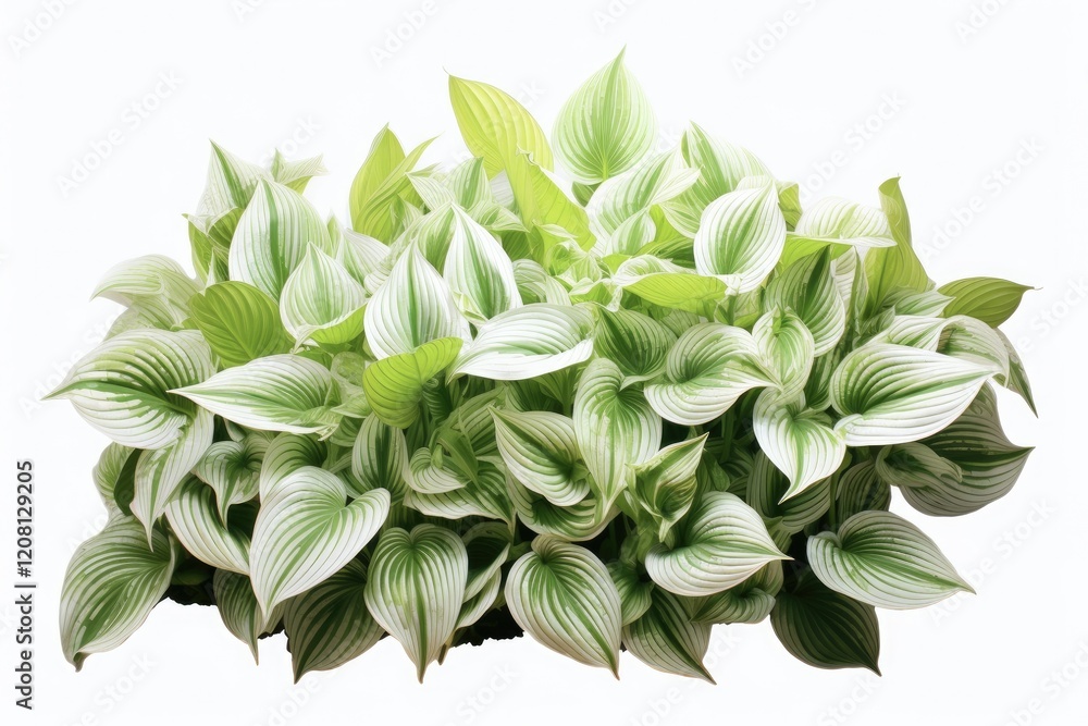 Fototapeta premium Hosta Plant in a Bed of Flowers. Beautiful Foliage and Blooming Flowers in a Colorful Garden on a White Background. Perfect for Gardening and Garden Design