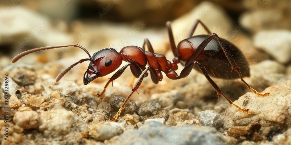 Close-up of Red Ant Crawling on Ground with Detailed Texture and Features Close-up of Red Ant Crawling on Ground with Detailed Texture and Features