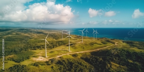 Wind turbines generating renewable energy on coastal landscape with lush greenery and ocean view photo