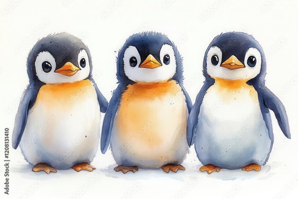 Fototapeta premium charming watercolor illustration featuring playful baby penguins in a minimalist flat style perfect for a nursery showcasing soft pastel hues against a clean white background