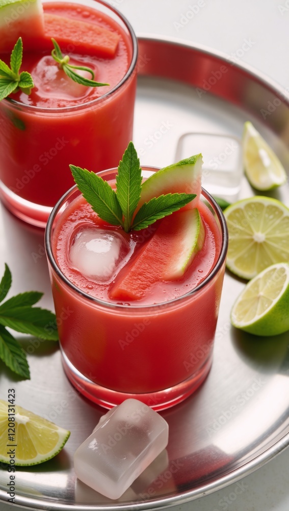 Refreshing watermelon cocktails served in red glasses on metal tray with lime ice Refreshing watermelon cocktails served in red glasses on metal tray with lime ice