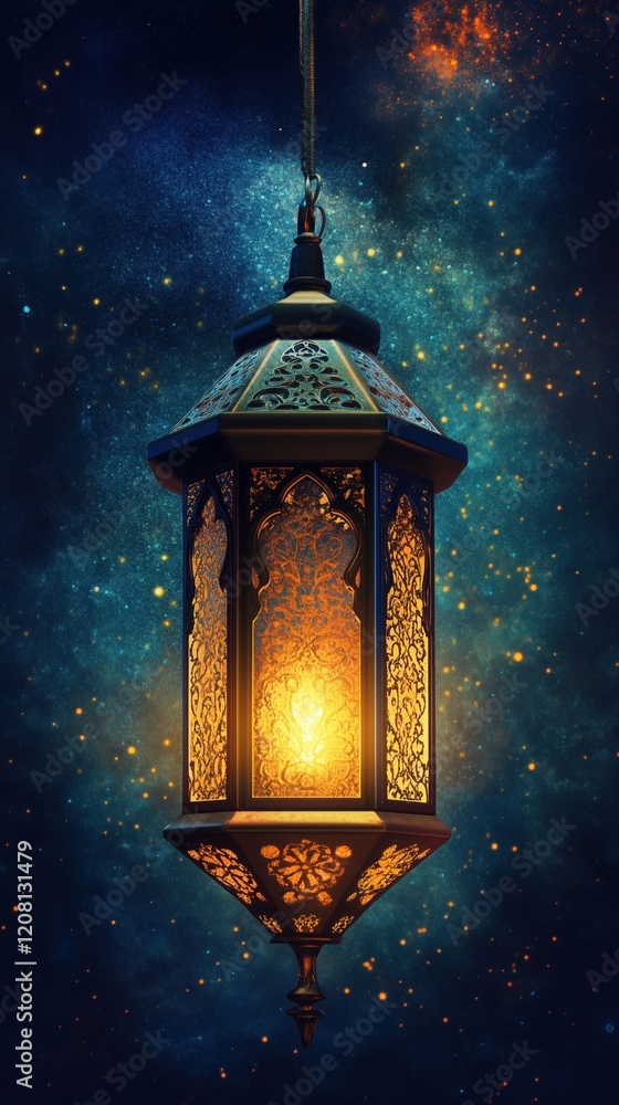 Illuminated Lantern Against Cosmic Background, Intricate Design, Warm Glow, Ethereal Space, Decorative Art, Mystical Atmosphere Illuminated Lantern Against Cosmic Background, Intricate Design, Warm Glow, Ethereal Space, Decorative Art, Mystical Atmosphere