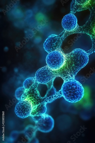 microscopic view of genetically engineered cell structure glowing in neon blue and green hues set against dark blurred photo