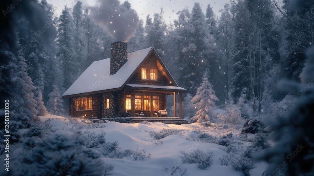 Cozy Snowy Cabin in Winter Forest with Glowing Warm Lights Cozy Snowy Cabin in Winter Forest with Glowing Warm Lights