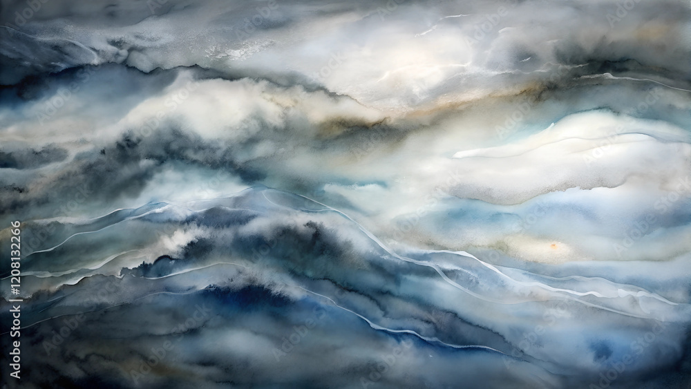 Watercolor abstract clouds background, shades of gray and blue, representing memory and reflection Watercolor abstract clouds background, shades of gray and blue, representing memory and reflection