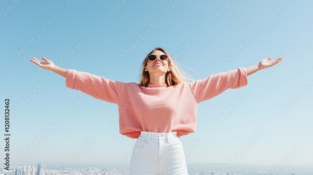 Joyful Minimalism Trend Young Woman in Soft Pink Sweater and Sunglasses Embracing Freedom on Urban Skyline - Modern Lifestyle and Inspirational Branding Content Joyful Minimalism Trend Young Woman in Soft Pink Sweater and Sunglasses Embracing Freedom on Urban Skyline - Modern Lifestyle and Inspirational Branding Content