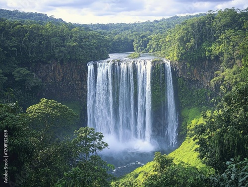 Beautiful cross-border waterfalls, surrounded by dense jungle, professional photo