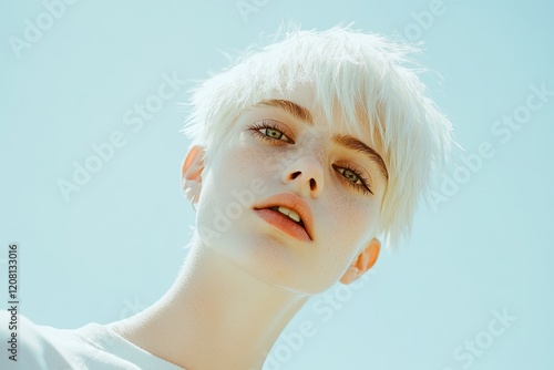 person with piercing eyes and short platinum blonde hair standing under diffused light photo