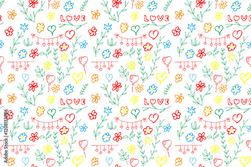 Hand drawn colorfull doodle flowers stars hearts leaves images Isolated background Vector seamless pattern Textiles Fabric Wrapping paper template Children's Spring Summer mood Naive primitive style photo