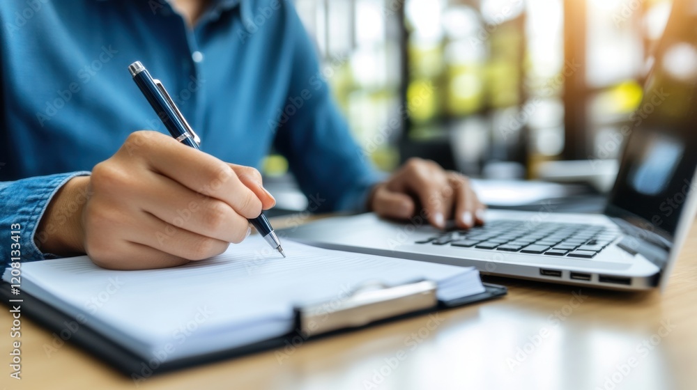 Person Writing Notes on a Notebook Next to a Laptop in a Calm Space Person Writing Notes on a Notebook Next to a Laptop in a Calm Space