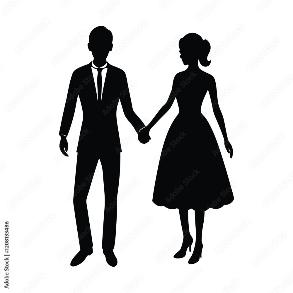 Couple Holding Hands Silhouette Vector Art - Black Design Illustration