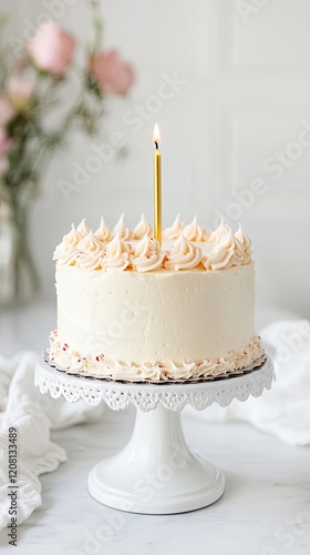 A simple birthday cake topped with a single gold candle, placed on a plain white stand