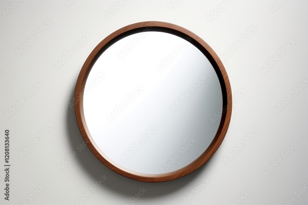 Circle mirror on thin wooden frame isolated on white background. Circle mirror on thin wooden frame isolated on white background.