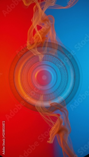 A circular design combines red blue and orangeblue smoky rings at its center photo