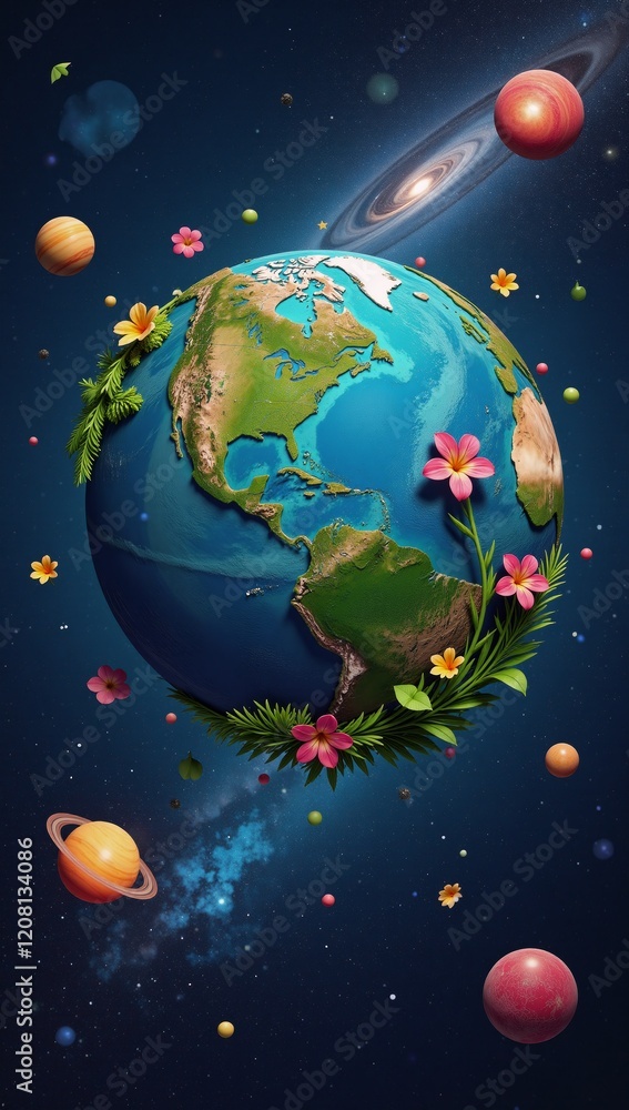 Naklejka premium Vibrant colorful image showcasing an eco-friendly vision of Earth with surrounding cosmic elements emphasizes environmental sustainability