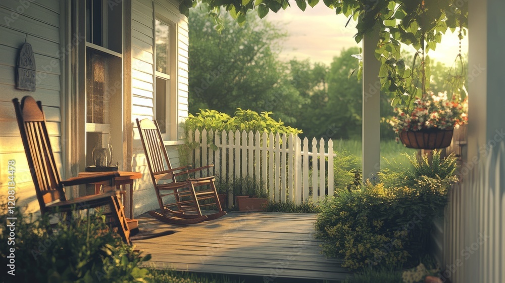 A cozy front porch with rocking chairs and a small table, surrounded by green plants and a white picket fence, generative ai A cozy front porch with rocking chairs and a small table, surrounded by green plants and a white picket fence, generative ai