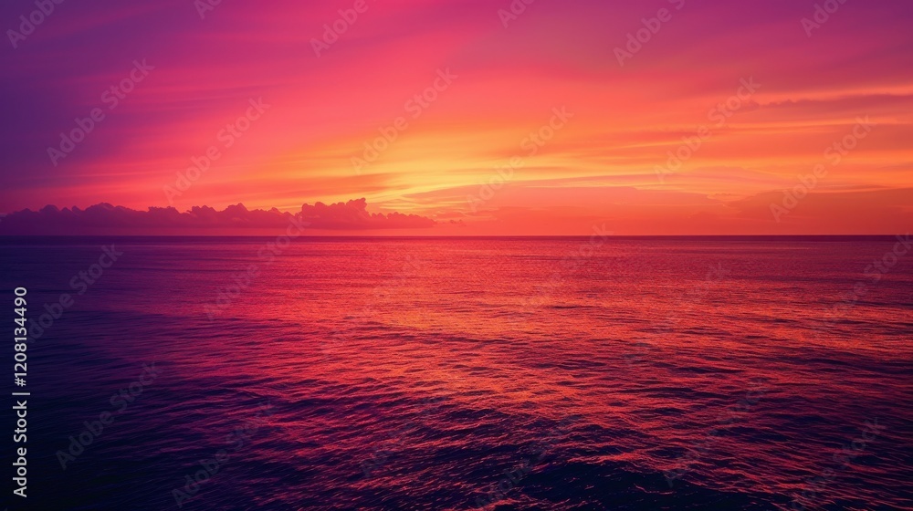 Fototapeta premium Breathtaking Sunset Over Calm Ocean Waters with Vibrant Lighting and Rich Color Gradient, Ideal for Evoking Tranquility and Natural Beauty in Scenic Landscapes or Travel Themes
