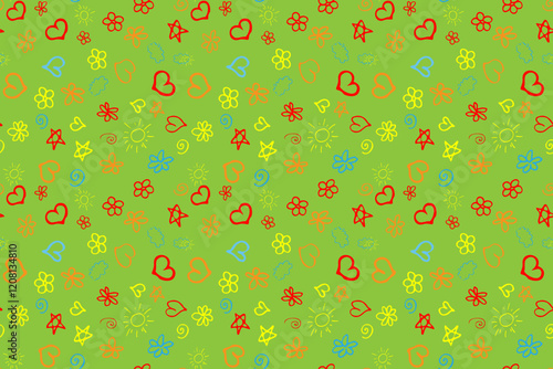 Hand drawn colorfull doodle flowers stars hearts Isolated green background Vector seamless pattern Textiles Fabric Wallpaper Wrapping paper Children's drawings Spring summer mood Naive primitive style