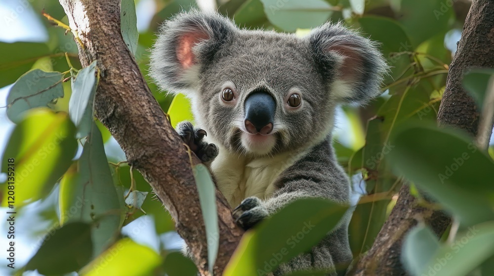 Fototapeta premium Adorable koala joey perched on eucalyptus tree branch.