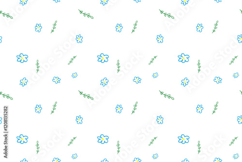 Hand drawn blue flowers green leaves on isolated background Vector seamless pattern Textiles Fabric Wallpaper Wrapping paper Children's drawings simple design Spring summer mood Naive primitive style