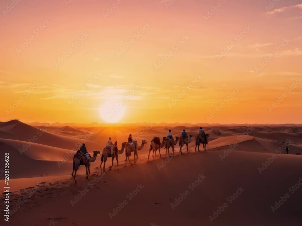 A stunning video of a camel caravan crossing vast desert dunes at sunset, with golden light casting long shadows and creating a serene, timeless atmosphere. Generative AI A stunning video of a camel caravan crossing vast desert dunes at sunset, with golden light casting long shadows and creating a serene, timeless atmosphere. Generative AI