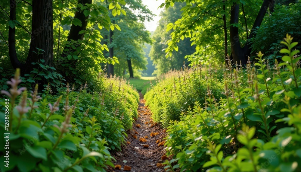 Overgrown heathland path with weeds and ferns, heathland, Overgrown heathland path with weeds and ferns, heathland,