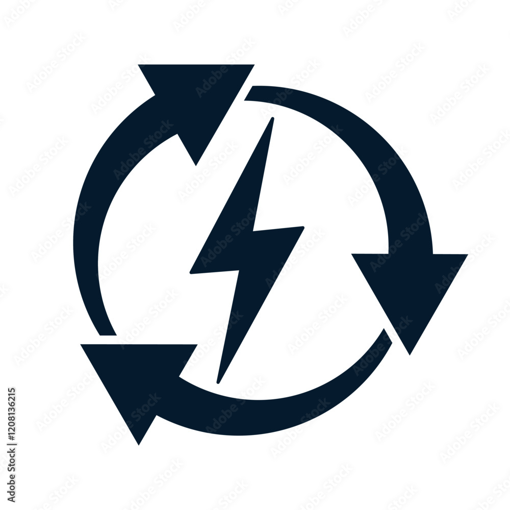 Three arrows in a circle, lightning. Recharge concept. Vector linear icon isolated on white background.