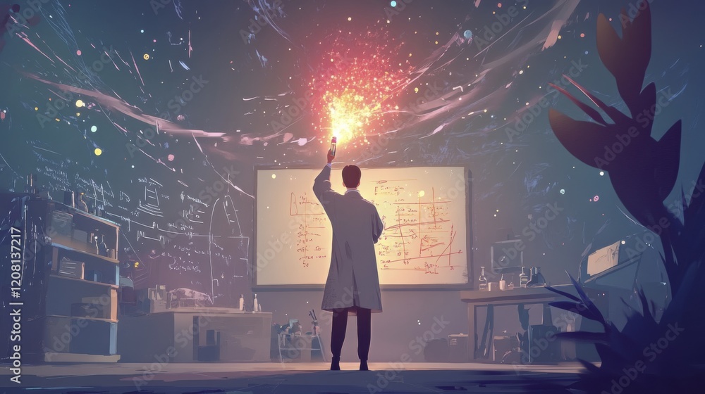 Scientist in laboratory holding sparkler illuminating room with formulas