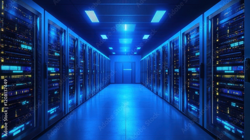 Modern server room with blue glowing lights Modern server room with blue glowing lights