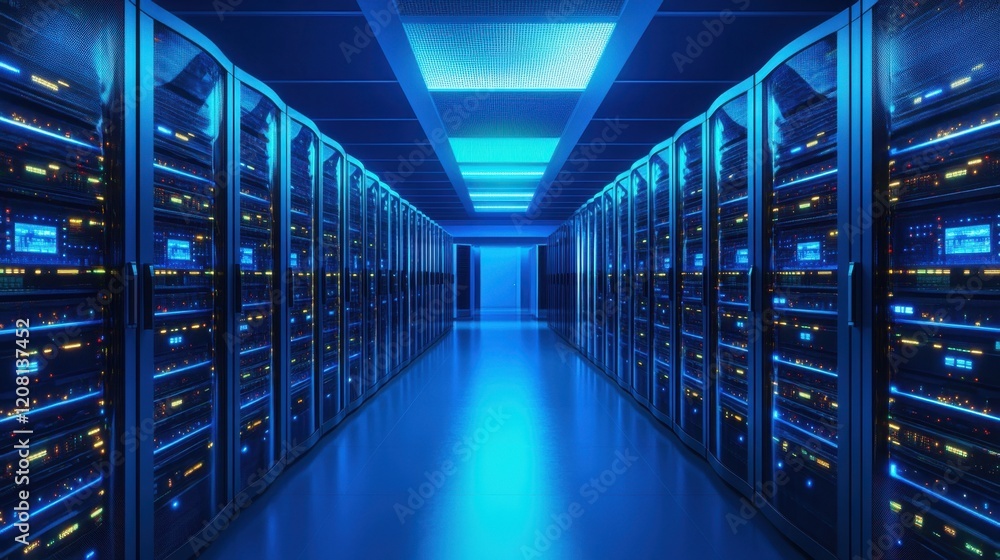 Modern server room with blue glowing lights Modern server room with blue glowing lights