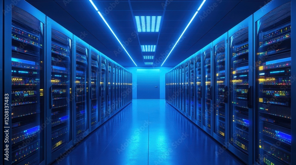 Modern server room with blue glowing lights Modern server room with blue glowing lights