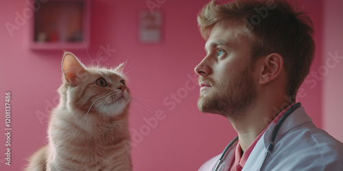 Veterinary care for cats in a pink clinic emotional interaction indoor environment close-up perspective compassionate bond photo