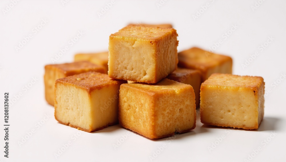 Arranged crispy fried tofu cubes on a clean white backdrop present a tasty protein-packed vegetarianvegan snack Arranged crispy fried tofu cubes on a clean white backdrop present a tasty protein-packed vegetarianvegan snack