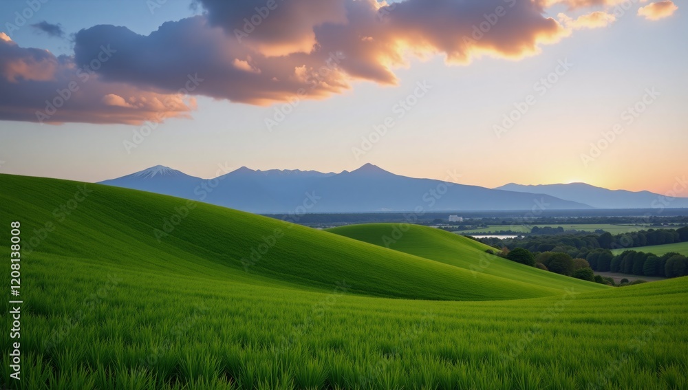 Vibrant landscape showcases lush green fields with distant mountain backdrop depicting agriculture nature and sustainability in a captivating scene Vibrant landscape showcases lush green fields with distant mountain backdrop depicting agriculture nature and sustainability in a captivating scene